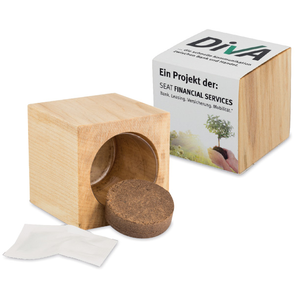 Maxi Pflanz-Würfel aus Holz, inkl. 4-farbigem Druck o. Lasergravur