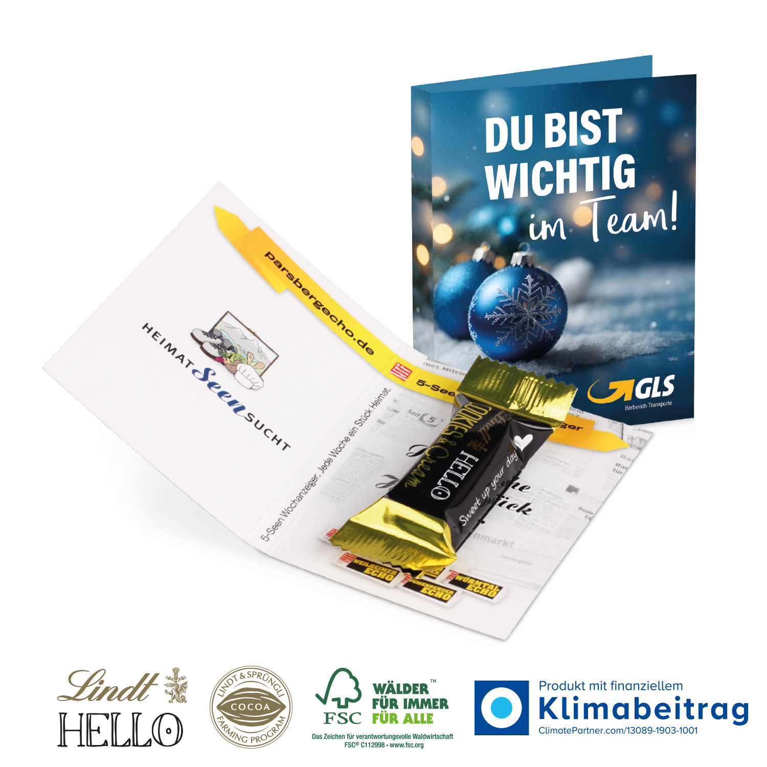 Werbe-Klappkarte mit Lindt HELLO Mini, inkl. 4-farbigem Druck