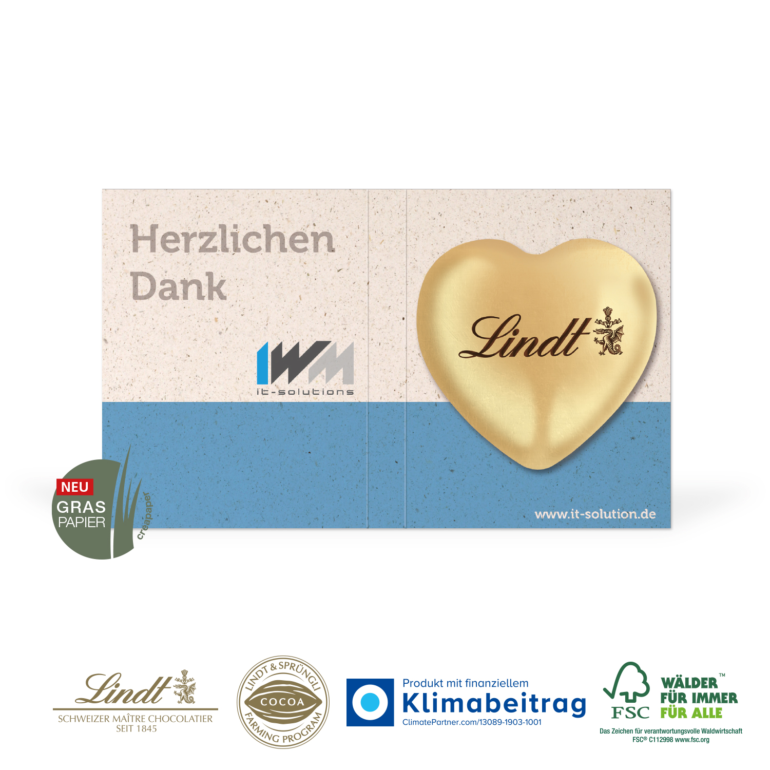 Werbe-Klappkarte mit Lindt Schokoherz 20 g, inkl. 4-farbigem Druck