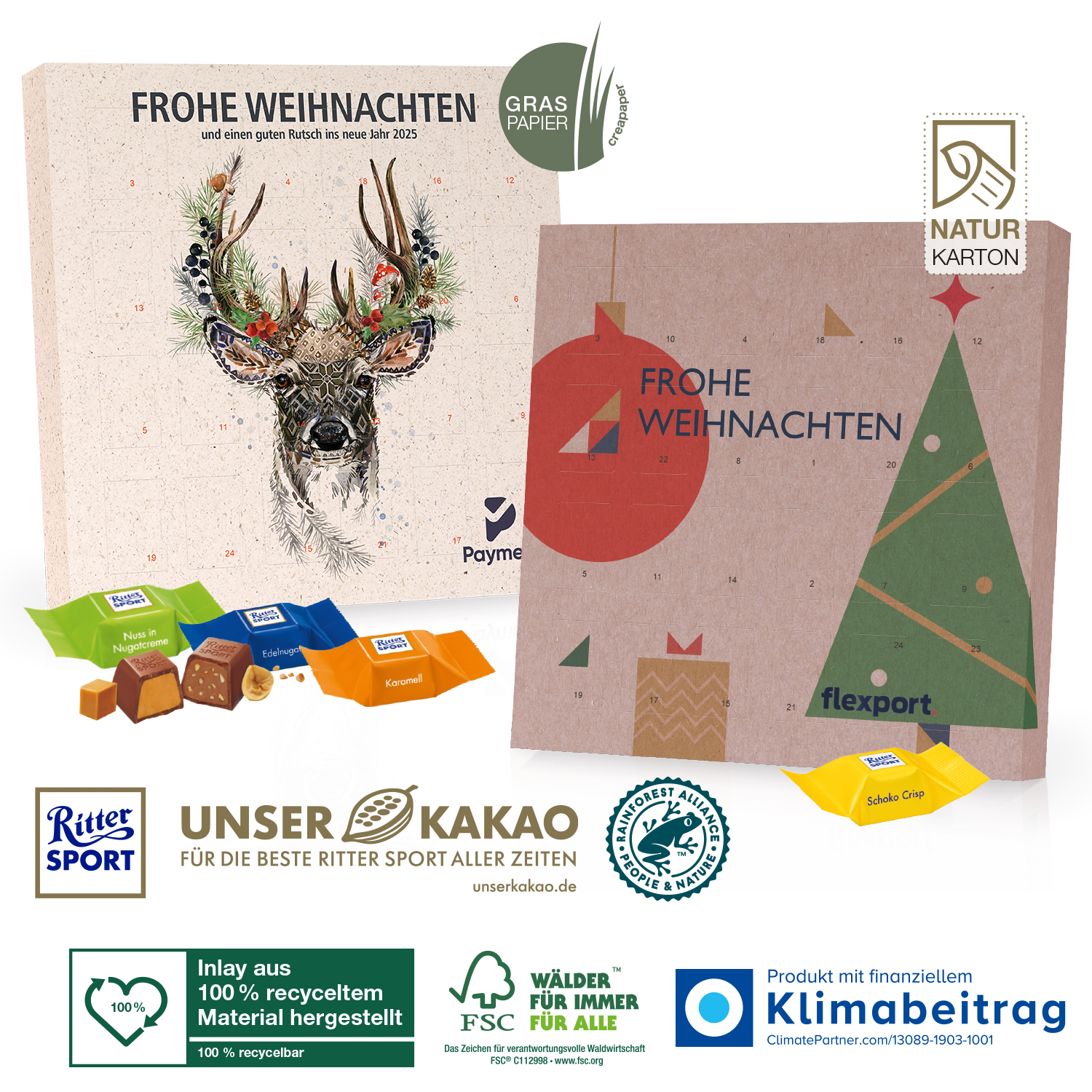 Tisch-Adventskalender mit Ritter SPORT Schokowürfel, inkl. 4-farbigem Druck