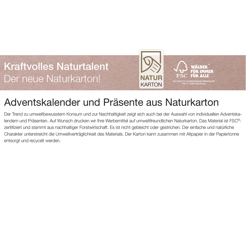Adventskalender aus Naturkarton Lindt „Gourmet Edition” Organic, inkl. 4-farbigem Druck