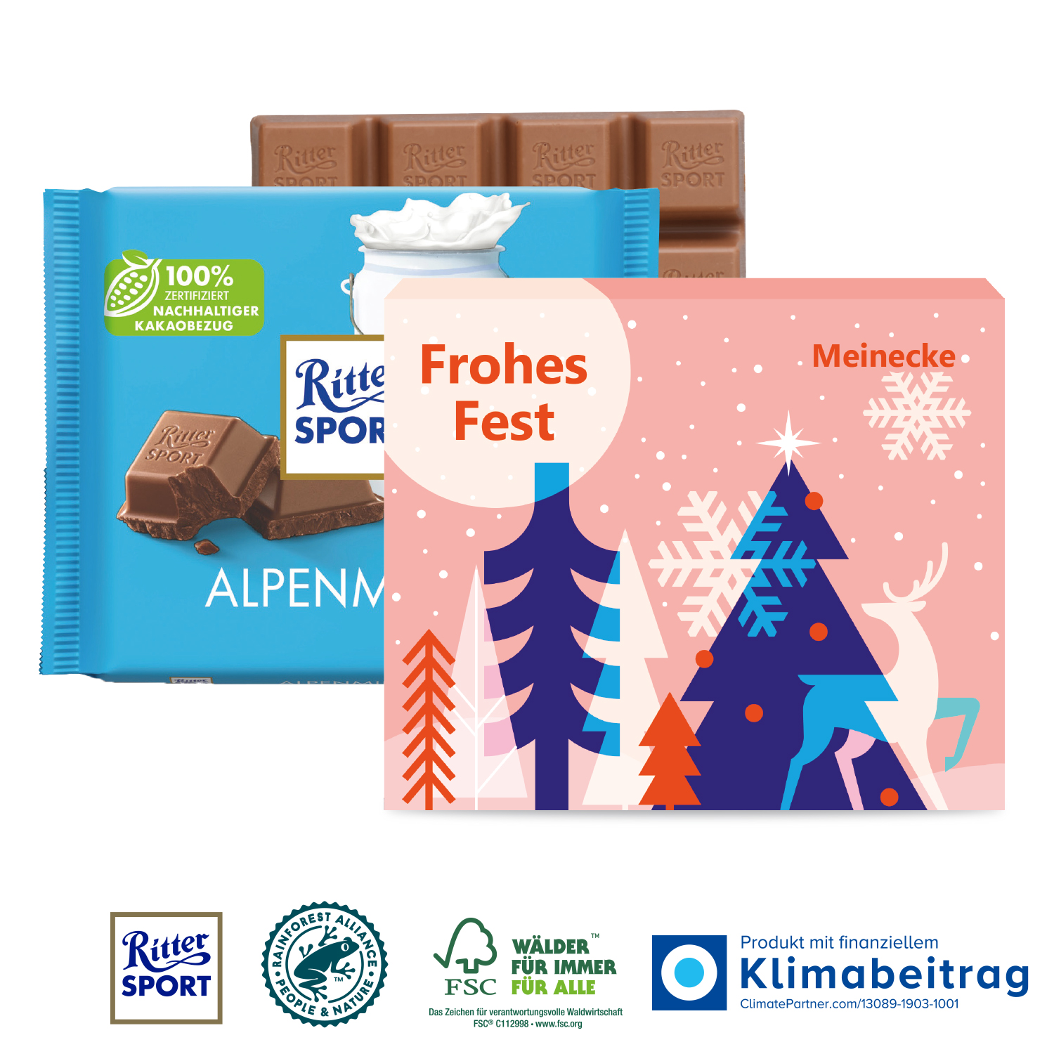 Ritter SPORT 100g in Weihnachts-Werbekartonage, inkl. 4-farbigem Druck