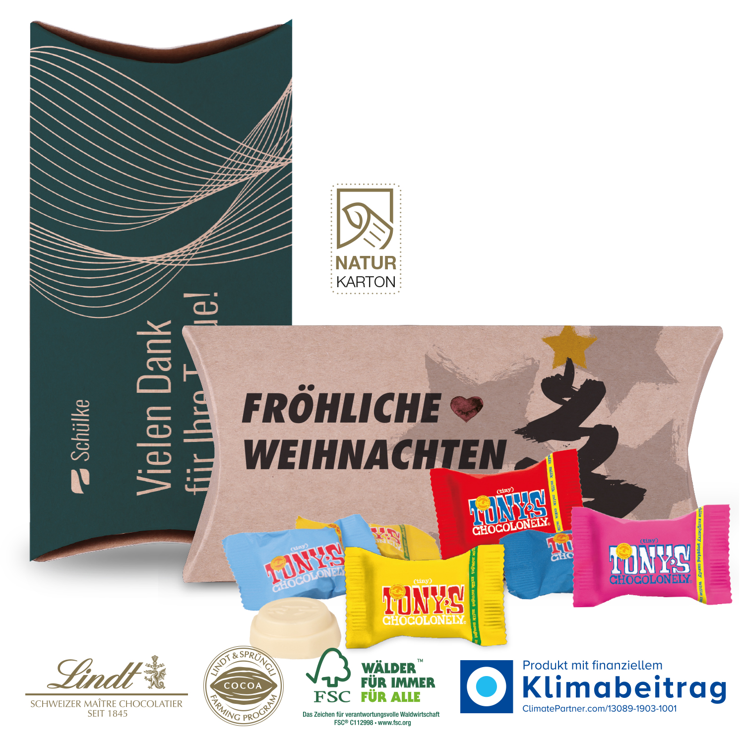 Kissenverpackung „Creative“ mit Tony´s Schokolade, inkl. 4-farbigem Druck