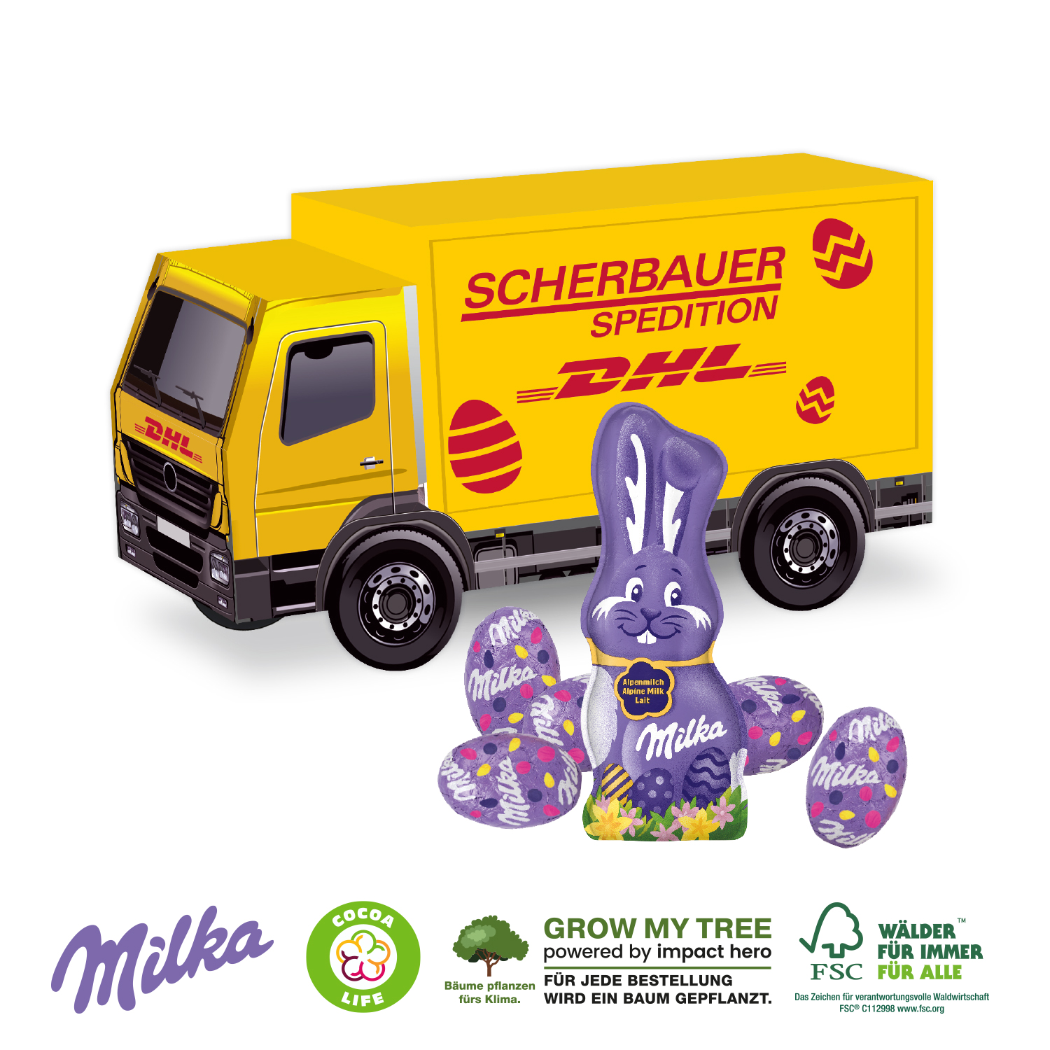 Oster-LKW mit Milka Schokolade, inkl. 4-farbigem Druck