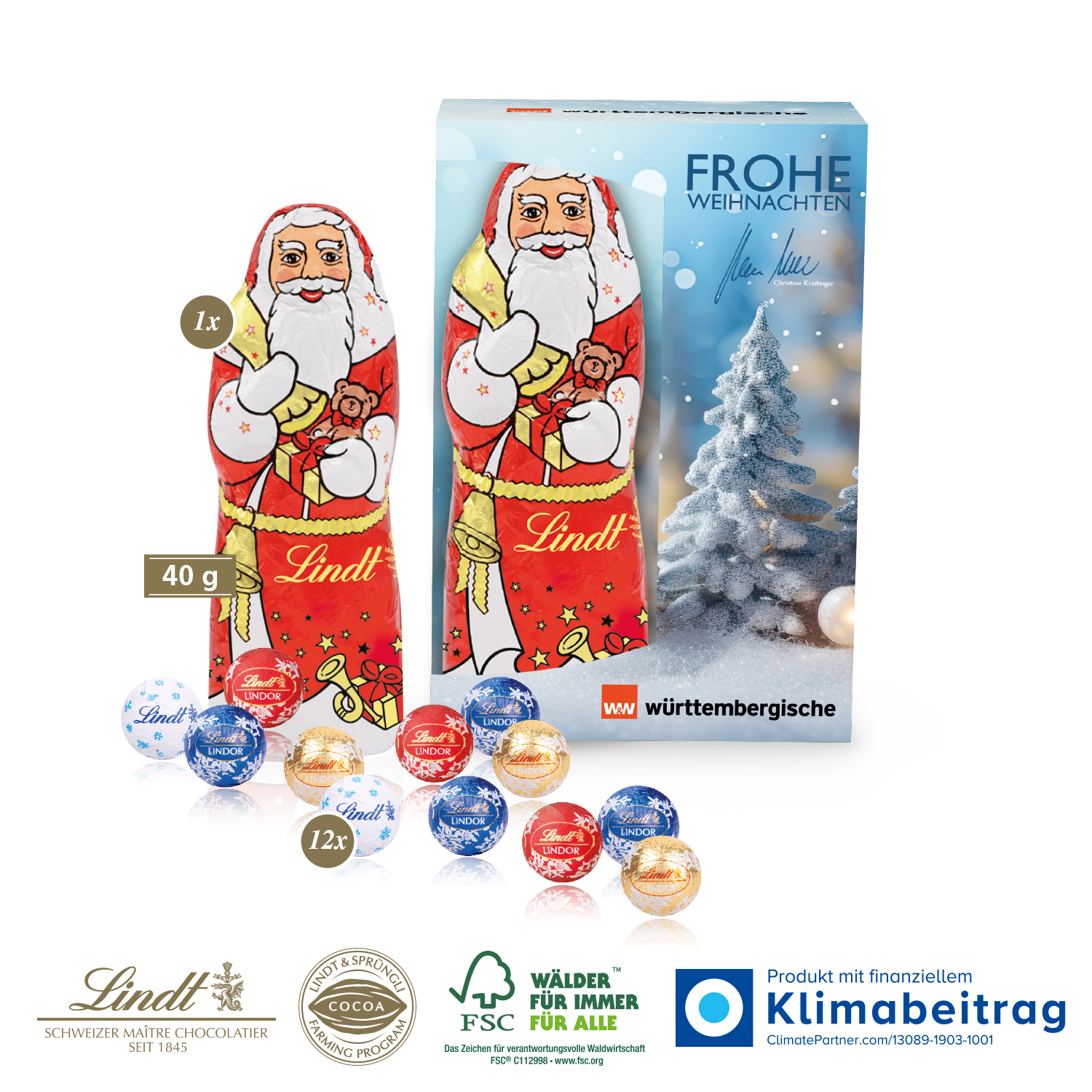 Premium-Präsent mit Lindt Minis und Lindt Weihnachtsmann „Medium“, inkl. 4-farbigem Druck