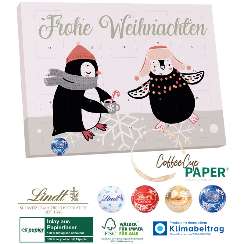 Upcycling Adventskalender Coffee-Cup mit Lindt Schokolade, inkl. 4-farbigem Druck