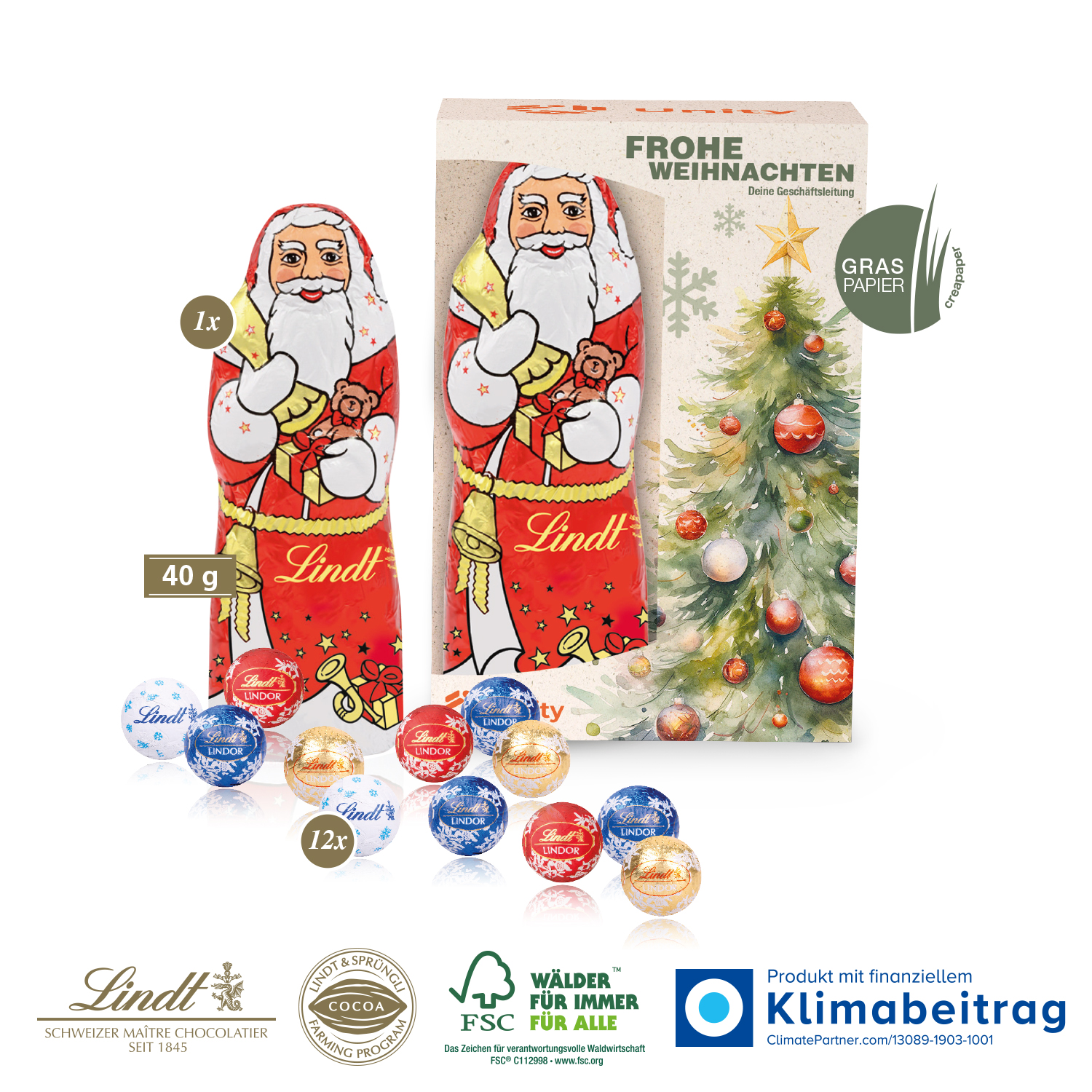 Premium-Präsent mit Lindt Minis und Lindt Weihnachtsmann „Medium“, inkl. 4-farbigem Druck