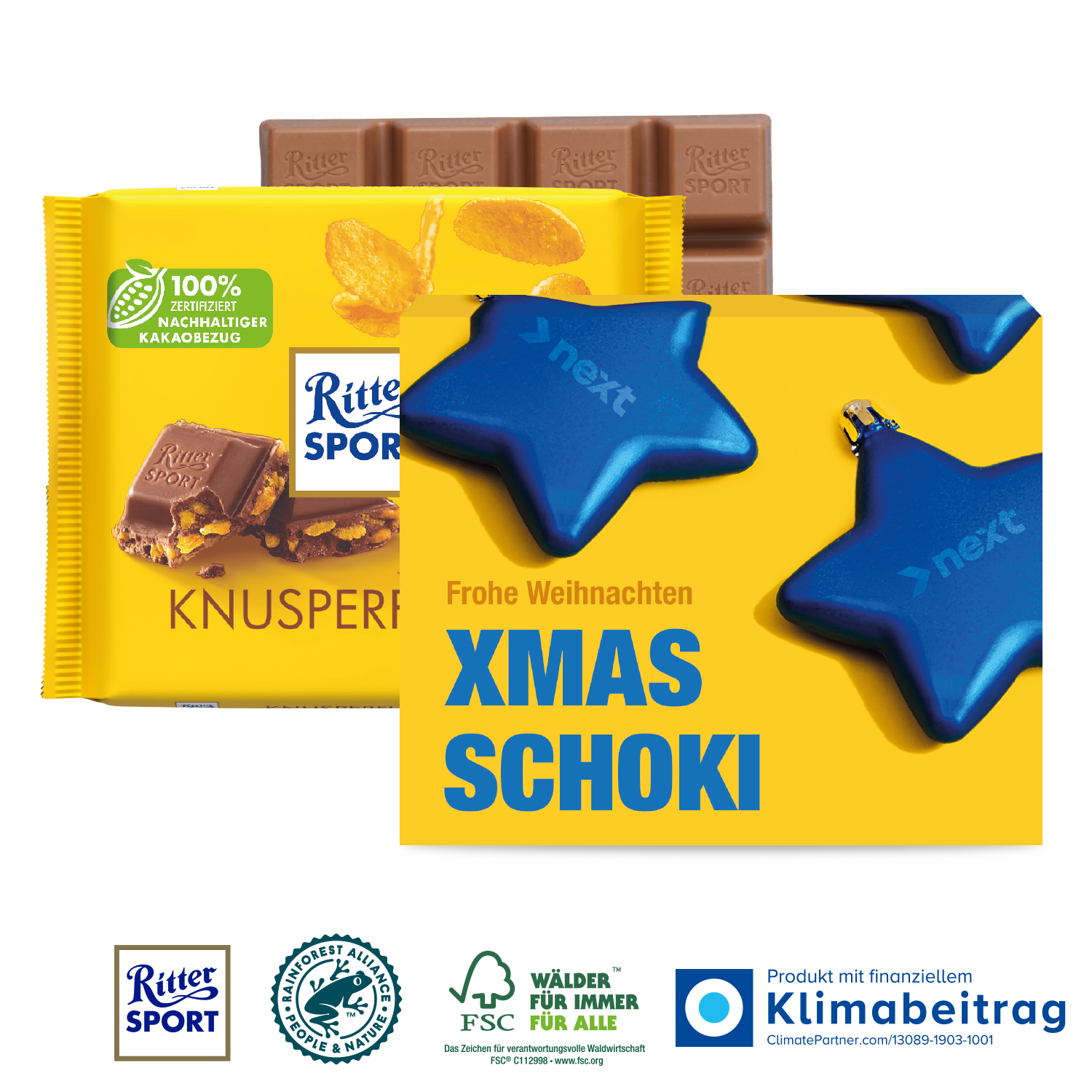 Ritter SPORT 100g in Weihnachts-Werbekartonage, inkl. 4-farbigem Druck