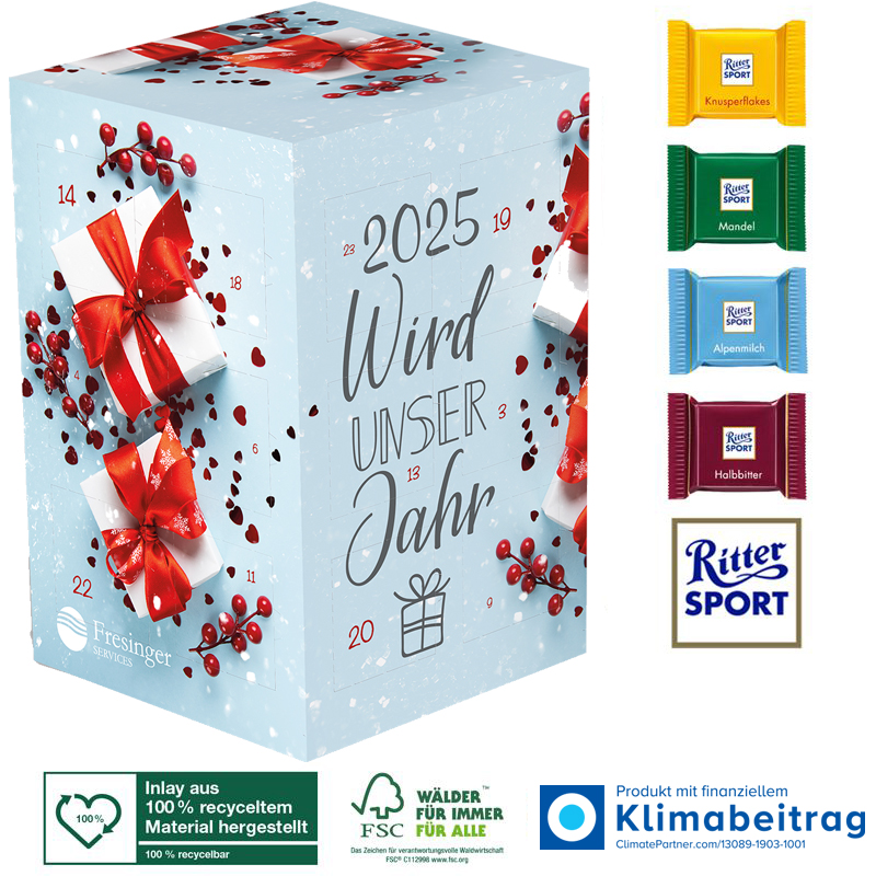 Adventskalender Cube XL Ritter SPORT, inkl. 4-farbigem Druck