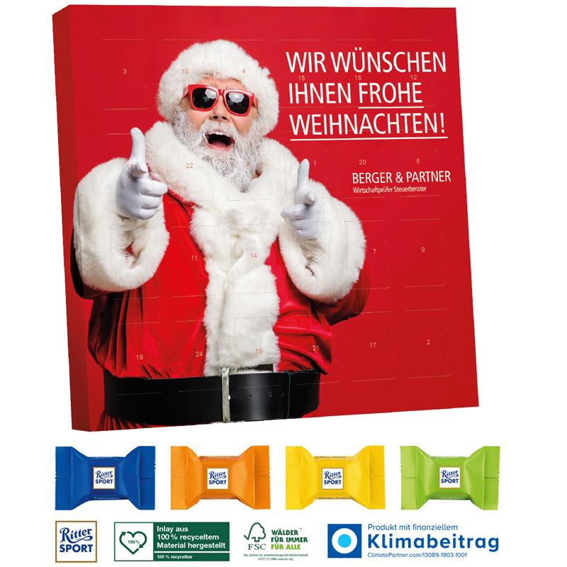 Tisch-Adventskalender mit Ritter SPORT Schokowürfel, inkl. 4-farbigem Druck