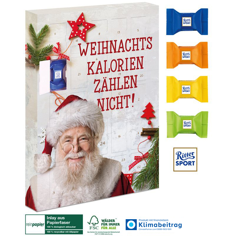 Adventskalender mit Ritter SPORT Schokowürfel Organic, inkl. 4-farbigem Druck