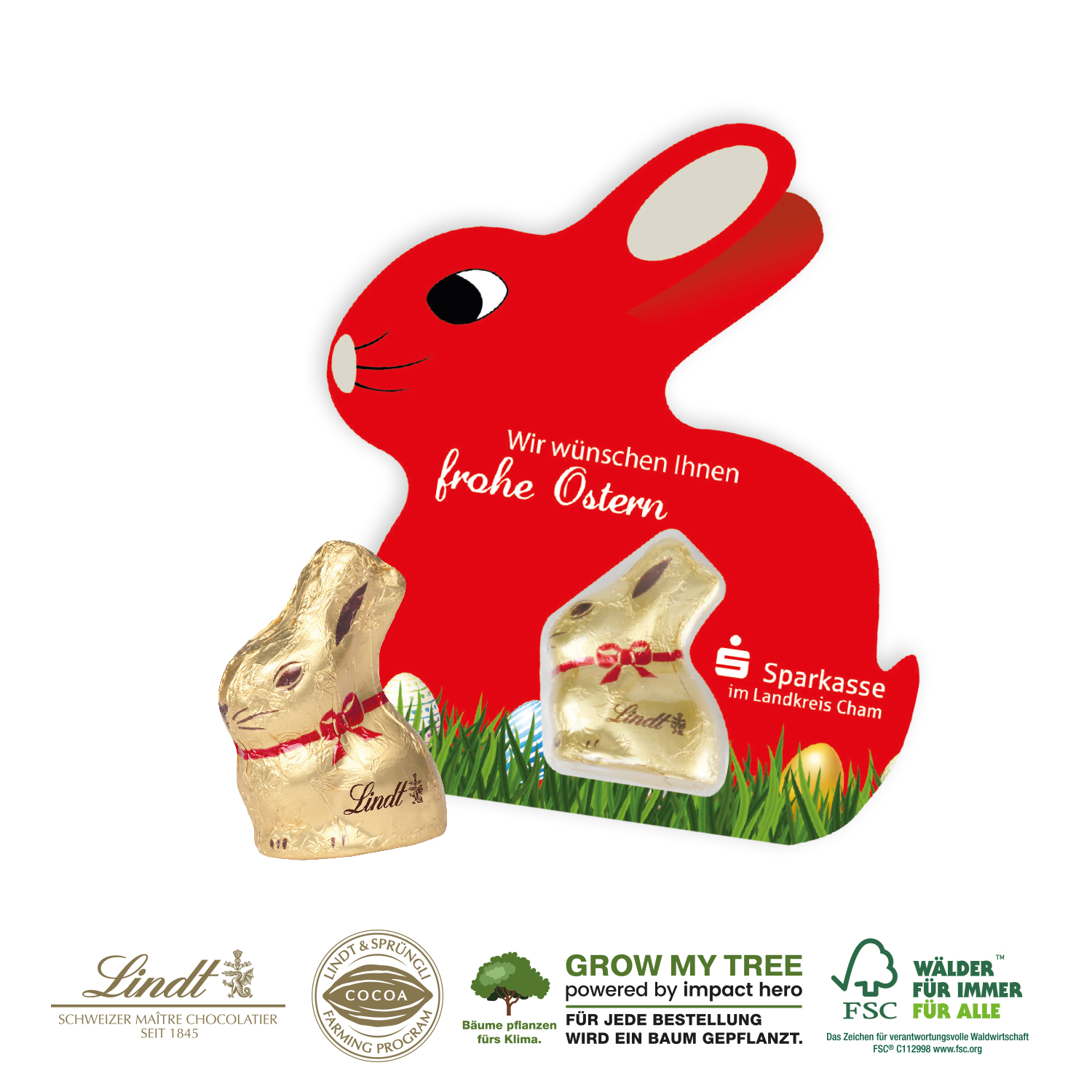 Promotion-Card Hase mit Goldhase von Lindt, inkl. 4-farbigem Druck