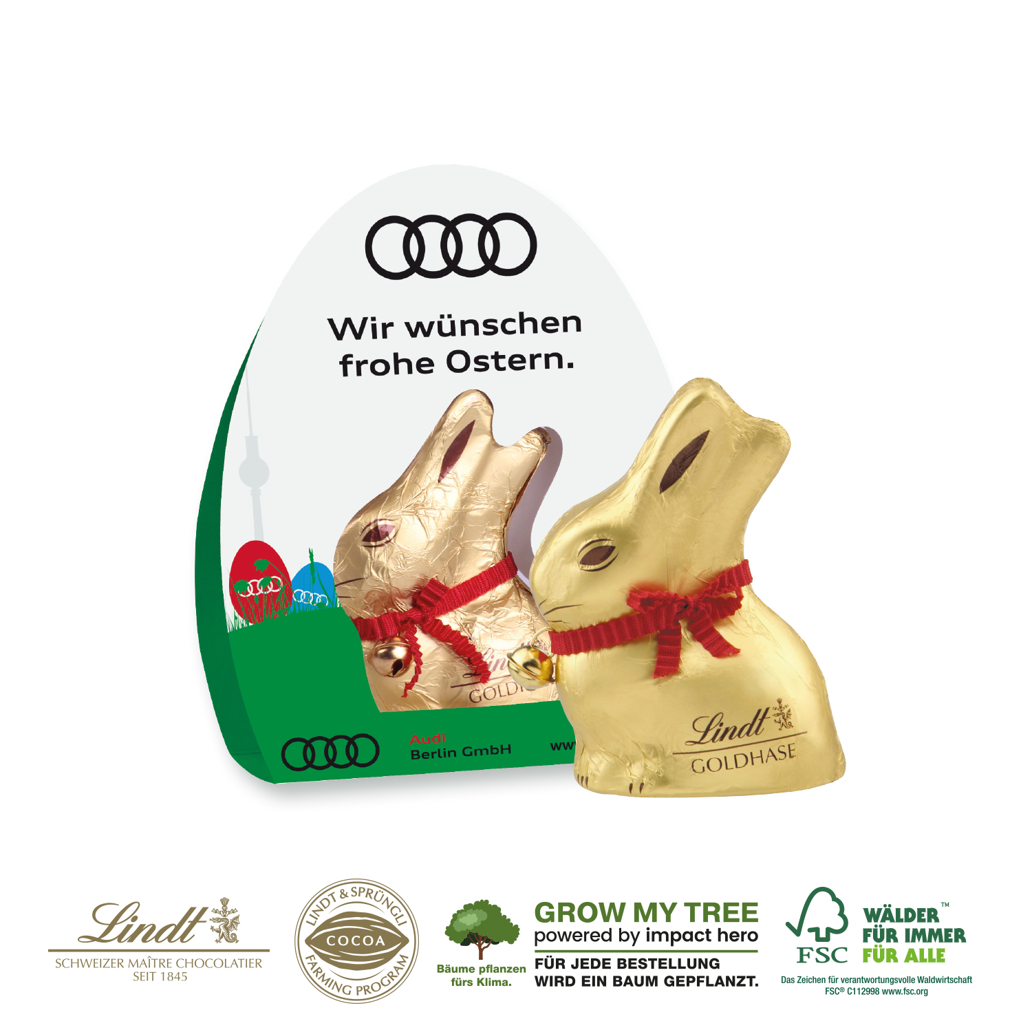 Werbeaufsteller Lindt Goldhase 50g mit Glöckchen, inkl. 4-farbigem Druck