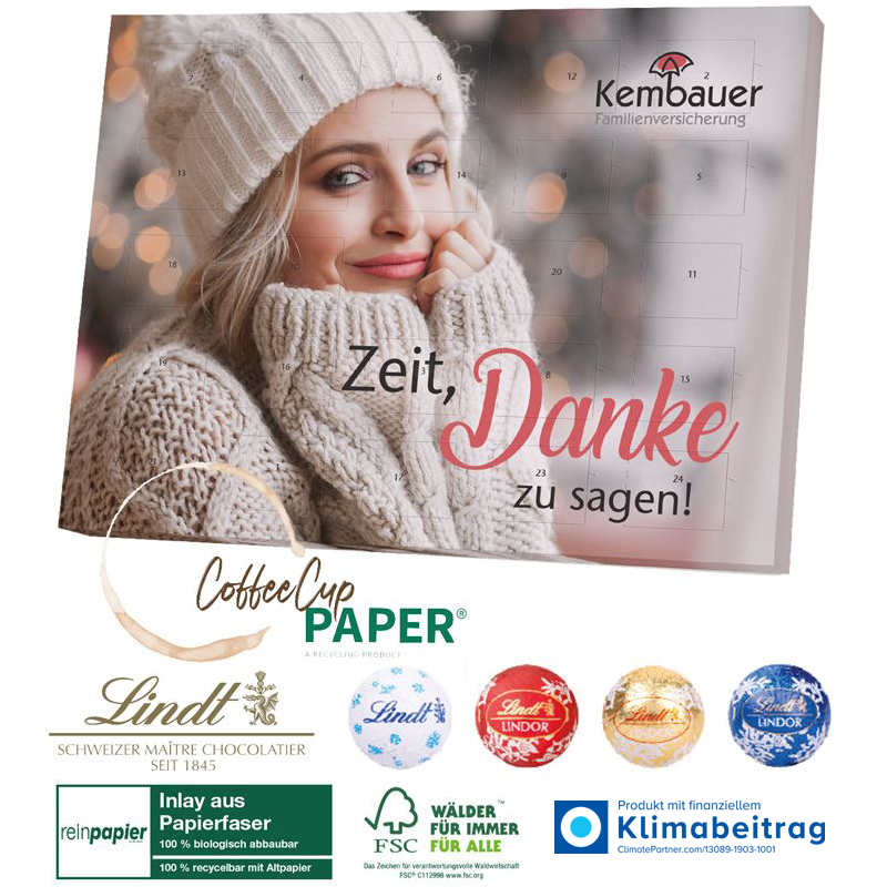 Upcycling Adventskalender Coffee-Cup mit Lindt Schokolade, inkl. 4-farbigem Druck