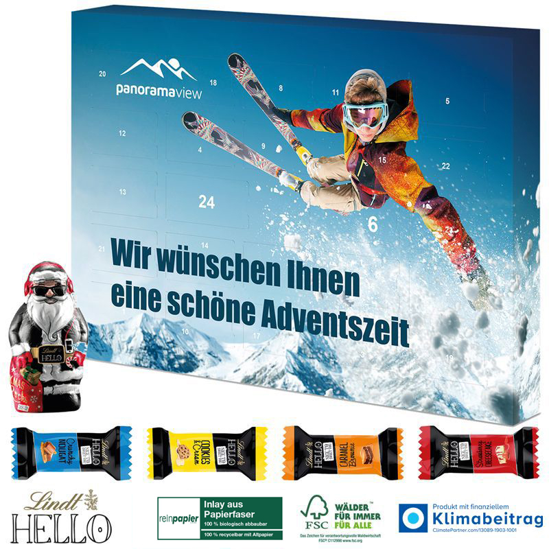 Adventskalender mit Lindt HELLO Mini Stick Mix + Santa ECO, inkl. 4-farbigem Druck