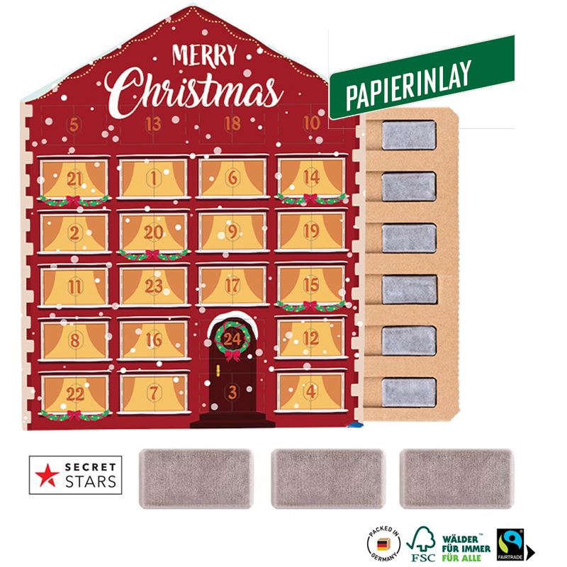 Täfelchen Adventskalender Haus Eco Papierblister mit Fairtrade Schokotaefelchen, inkl. 4-farbigem Druck