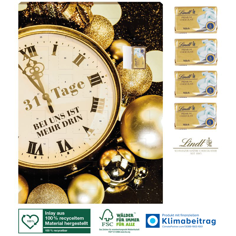 Adventskalender mit 31 Türchen Lindt (Klimaneutral, FSC), inkl. 4-farbigem Druck