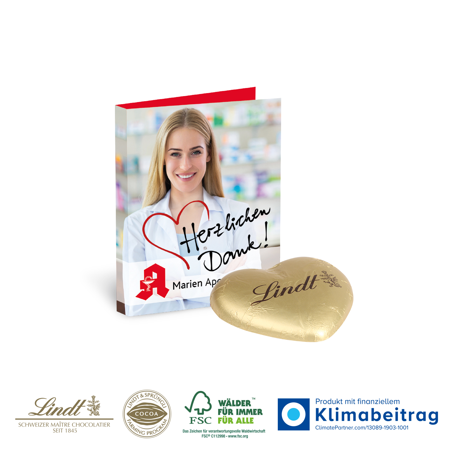 Werbe-Klappkarte mit Lindt Schokoherz 20 g, inkl. 4-farbigem Druck